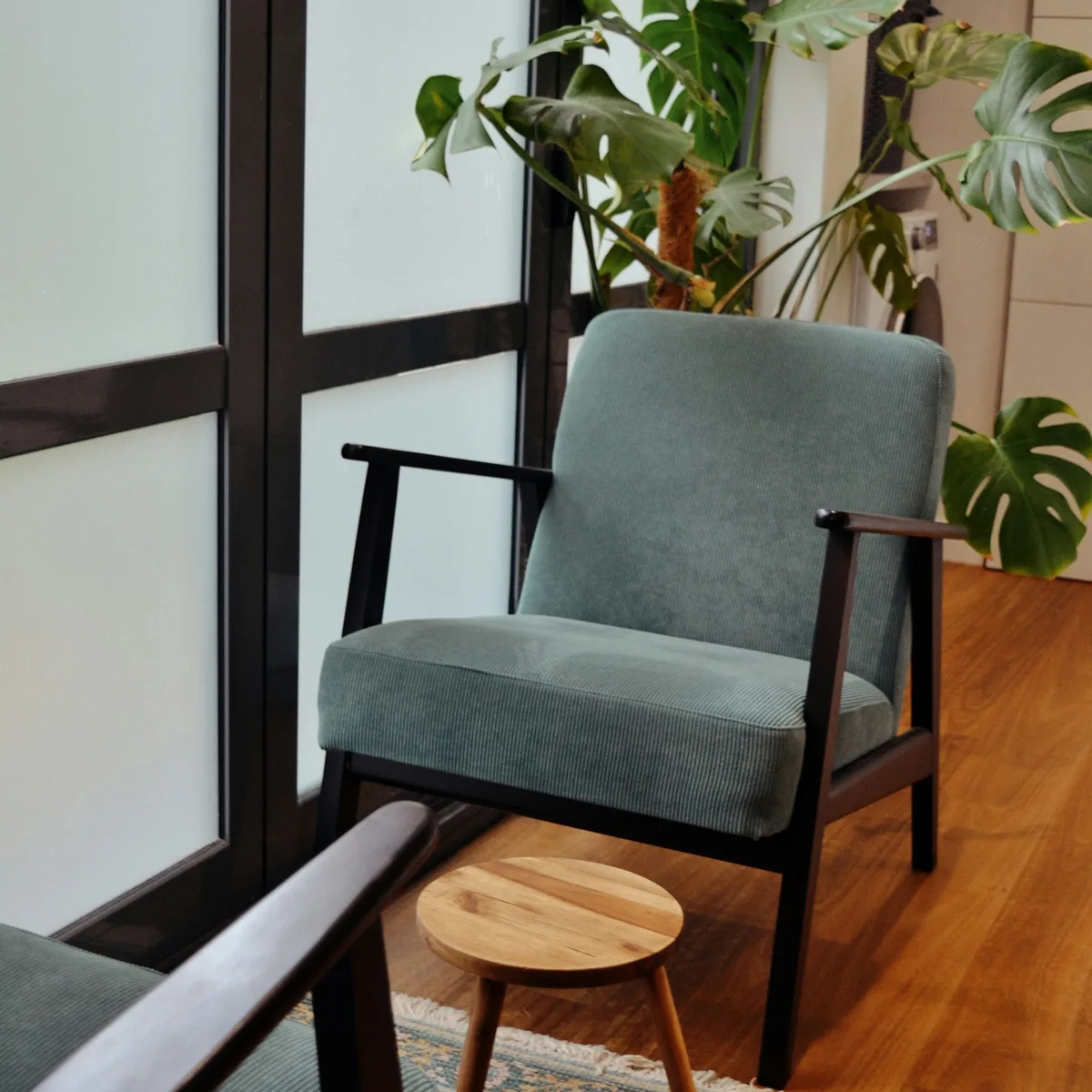 L'angolo d'attesa dello studio: una poltroncina accanto alla finestra e una monstera